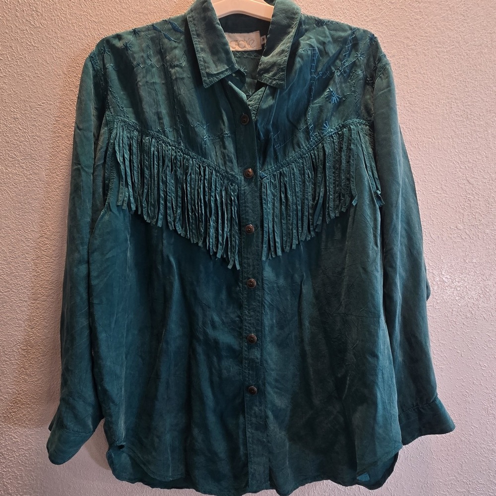 Vintage Cache Western Fringe Blouse Womens M Teal Embroidered Rayon Boho Cowgirl